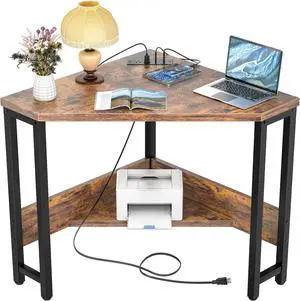 armocity Corner Desk Small Desk with Outlets Corner Table for Small Space Industrial Computer Desk with USB Ports Triangle Desk with Storage for Home Office, Workstation, Living Room, Bedroom, Rustic