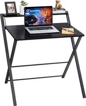GreenForest Small Folding Desk No Assembly Required, Fully Unfold 27.3 x 22 inch 2-Tier Computer Desk with Shelf Space Saving Foldable Table for Small Spaces, Black
