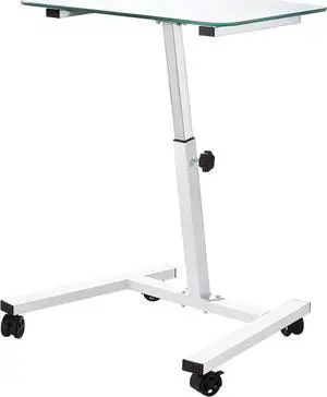 Seville Classics Airlift Mobile Height Adjustable Laptop Stand Computer Workstation for Sitting Classroom Home Office Medical Table w/Wheels, Tempered Glass (24"), White