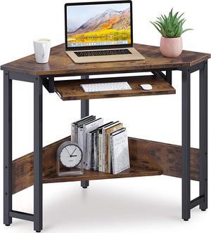 ODK Corner Desk, Triangle Computer Desk, Small Desk Sturdy Steel Frame for Workstation with Smooth Keyboard Tray & Storage Shelves, Vintage