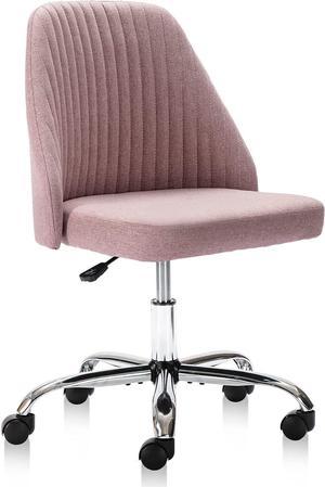 HOMEFLA Home Office Desk Chair, Modern Linen Fabric Chair Adjustable Swivel Task Chair Mid-Back Cute Upholstered Armless Computer Chair with Wheels for Bedroom Studying Room Vanity Room (Pink)