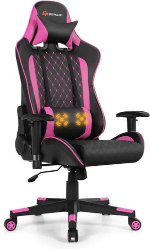 Goplus Massage Gaming Chair, Reclining Backrest Handrails and Seat Height Adjustment Racing Computer Office Chair, Ergonomic High Back Embroidered PU Swivel Game Chair with Headrest and Lumbar Cushion