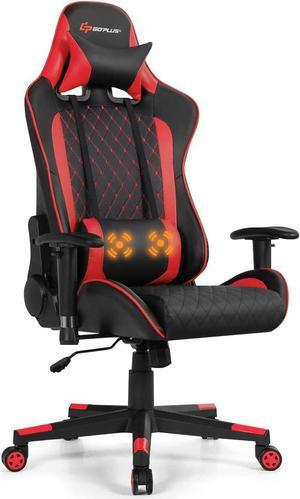 Goplus Massage Gaming Chair, Reclining Backrest Handrails and Seat Height Adjustment Racing Computer Office Chair, Ergonomic High Back Embroidered PU Swivel Game Chair with Headrest and Lumbar Cushion