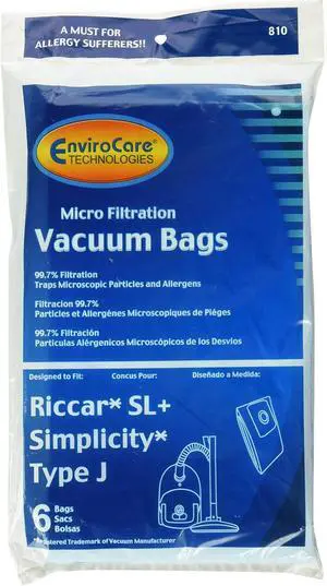 Replacement Micro Filtration Vacuum Cleaner Dust Bags made to fit Riccar SL+ Simplicity Type J canisters 6 bags