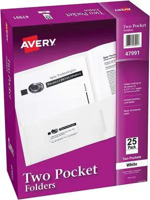 Two Pocket Folders Holds up to 40 Sheets Business Card Slot 25 White Folders (47991)
