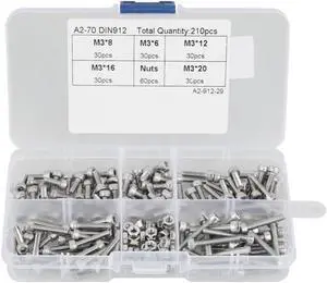 210pcs/set M3 304 Stainless Steel Hex Socket Cup Head Bolt Screws Nuts Assortment Kit Woodworking Tools Hardware