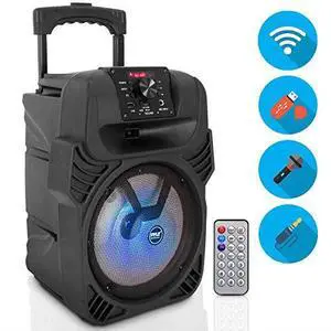 400W Portable Bluetooth PA Loudspeaker 8 Subwoofer System 4 Ohm5520kHz USBMP3FM Radio Mic Inputs MultiColor LED Lights Builtin Rechargeable Battery w Remote Control  PPHP844B