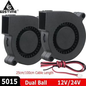 2Pcs 5015 12V 24V Dual Ball Bearing 2 Pin Brushless Radial Turbo Blower 50mm DC Cooling Fan for 3D Printer W/ 25cm/100cm Wire