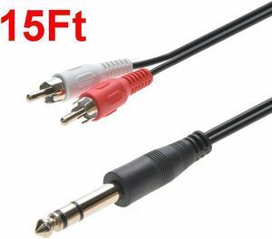 15FT 1/4" 6.35mm Stereo Male to 2-RCA L+R Male Plug Dj Guitar Cable Audio Cord