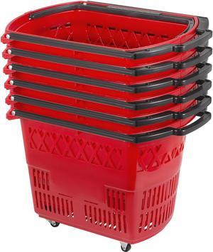 VEVOR 6PCS Shopping Carts, Plastic Rolling Shopping Basket with Wheels, Red Shopping Baskets with Handles, Portable Shopping Basket Set for Retail Store