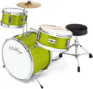 Ashthorpe 3-Piece Complete Drum Set - Beginner Kit with 14" Bass, Adjustable Throne, Cymbal, Pedal & Drumsticks - Green