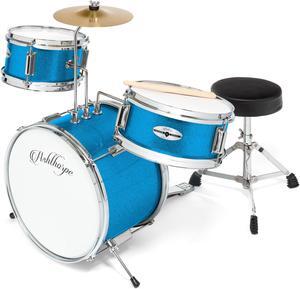 Ashthorpe 3-Piece Complete Kids Drum Set - Beginner Kit with 14" Bass, Adjustable Throne, Cymbal, Pedal & Drumsticks - Blue