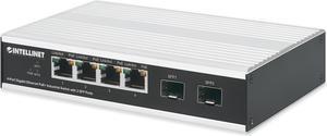 Intellinet Industrial 4-Port Gigabit Ethernet PoE+ Switch with 2 SFP Ports, IEEE 802.3at/af (PoE+/PoE) Compliant, PoE Power Budget up to 120 W, IP40-Rated Metal Housing, Endspan, DIN-Rail Mount