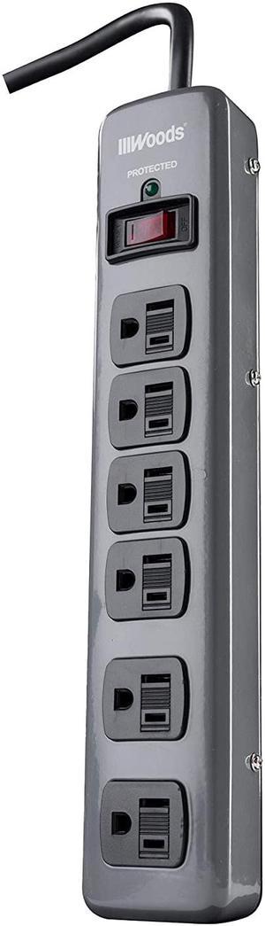 Woods 41546 Metal Surge Protector with 6 Outlets Lighted Circuit Breaker Switch, 900J of Protection, 3 Foot Cord, Dark Gray
