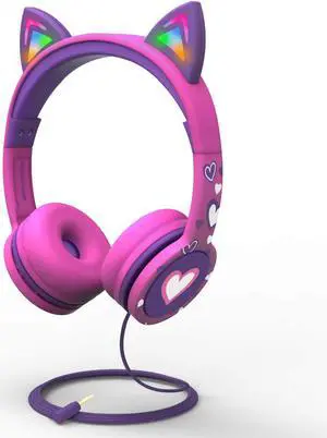 FosPower Kids Headphones with LED Light Up Cat Ears 3.5mm On Ear Audio Headphones for Kids with Laced Tangle Free Cable (Max 85dB) - Hot Pink/Purple