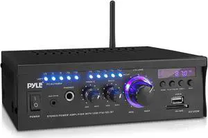 Wireless Bluetooth Home Stereo Amplifier - 2x120 Watt Power Amplifier Home Audio Bluetooth Receiver System W/Blue Led Display, USB/SD, AUX, RCA, Headphone Jack - Remote - Pyle PCAU46BA