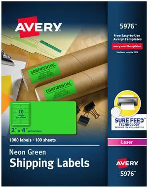 Avery Neon Shipping Label Laser 2 x 4 Neon Green 1000/Box 5976