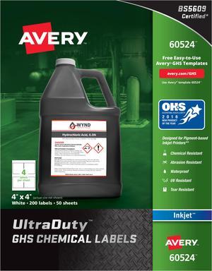 Avery Chem Label,  4"W x 4"H, 200 Labels,  PK200 White  Synthetic Film  60524