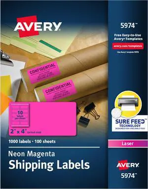 Avery Neon Shipping Label Laser 2 x 4 Neon Magenta 1000/Box 5974