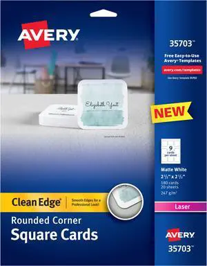 Avery Square Cards w/Rounded Edges, 2.5"x2.5", 90 lbs. 180 Laser Cards
