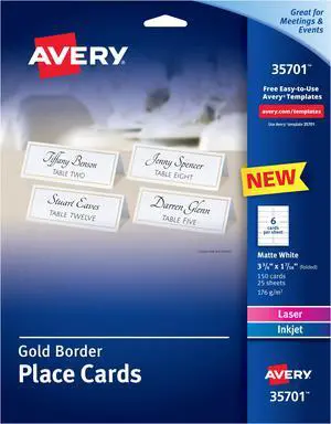 Avery Place Cards With Gold Border 1-7/16" x 3-3/4", 65 lbs. 150 Cards