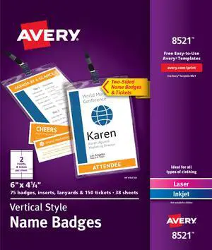 Avery Vertical Name Badges & Tickets, Durable Plastic Holders, Lanyards, 6" x 4-1/4", 75 Badges (8521)