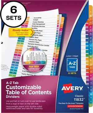 Ready Index A-Z 26 Tab Dividers, Customizable TOC, 6 Sets (11832)