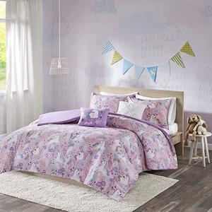 Lola Duvet Cover Cotton Unicorn Floral Flower Botanical Fun Embroidered Pillow Print Soft All Season Button Closure Corner Ties BeddingSet FullQueen Pink