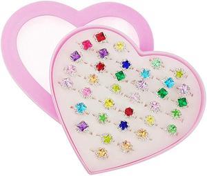 36 pcs Little Girl Adjustable Rhinestone Gem Rings in Box Children Kids Jewelry Rings Set with Heart Shape Display Case Girl Pretend Play and Dress up Rings for Kids