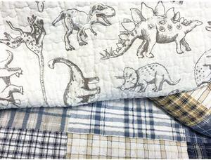 Benjamin Cute Dinosaur Plaid Printed Pattern Navy Blue White Grey Bedding Quilt Set 100 Cotton Reversible Coverlet Bedspread Set for Kids Boy King 3 Piece