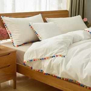 Duvet Cover King 3 Pcs White Girls Bedding Teen Vintage Ruffle Modern Bedding Boho Bohemian 100 Washed Cotton Coloful Pom Pom Bedding