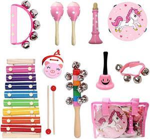 Kids Musical Instruments Sets 12pcs Wooden Percussion Instruments Toys Tambourine Xylophone for Kids Playing Preschool Education Early Learning Musical Toys for Boys and Girls Gift Pink
