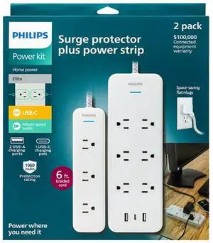 Philips 6-Outlet & 3-Outlet Surge Protector 2 USB-A 1 USB-C, 6' White, 2 pk.