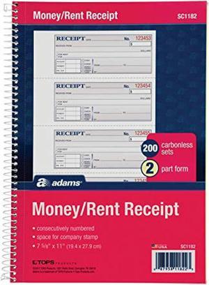 Money And Rent Receipt Book, 2-Part Carbonless, 7-5/8" X 11", Spiral Bound, 200 Sets Per Book, 4 Receipts Per Page (Sc1182), White/Canary