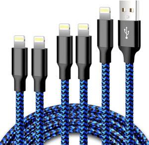 iPhone Charger 5 Pack 3/3/6/6/10FT Apple MFi Certified USB Lightning Cable Nylon Braided Fast Charging Cord Compatible for iPhone 14/13/12/11/X/Max/8/7/6/5/SE/Plus/iPad - Black Blue