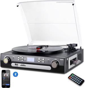 Bluetooth Record Player with Stereo Speakers, Turntable for Vinyl to MP3 with Cassette Play, AM/FM Radio, Remote Control, USB/SD Encoding, 3.5mm Music Output Jack(Black)
