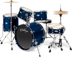 Ashthorpe 5-Piece Full Size Adult Drum Set with Remo Heads & Premium Brass Cymbals - Complete Professional Percussion Kit with Chrome Hardware - Blue