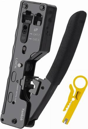 Yankok [CAT5 CAT6 CAT7 Pass Through Crimper] for EZ-RJ45 and Standard RJ45 RJ12 RJ11 Connectors CAT6a Shielded Modular Plugs (Black Handle. Come with Carry Pouch and Mini Punch Down Tool)
