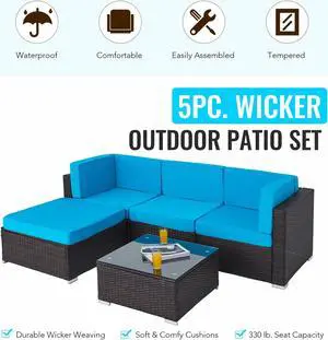 5pc Rattan Wicker Outdoor Furniture Set Sectional Sofa Coffee Table Walnut Blue