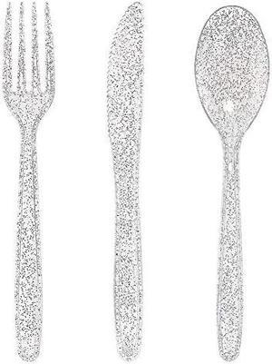 360 Silver Plastic Silverware- Disposable Silver Glitter Plastic Cutlery - Plastic Flatware including: 120 Silver Forks, 120 Silver Spoons, 120 Silver Knives