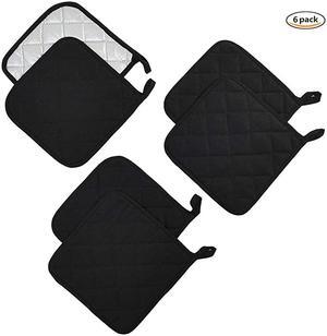 Potholders Set Kitchen Heat Resistant Pure Cotton Large Coasters Hot Pads Pot Holders Set of 6 for Everyday Cooking and Baking by 7 x 7 Inch (Black)