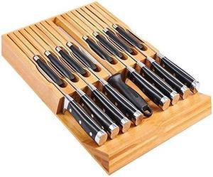 In-Drawer Bamboo knife block, Drawer Knife Set Storage, Knife Organizer and Holder with Safety Slots for 16 Knives and 1 Sharpening Steel -Kitchen Drawer, Counter Top