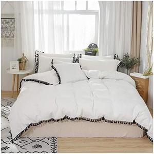 California King Duvet Cover 3 Pcs Boho Bedding Fringed Vintage and Shabby Tassel and Ruffle Bohemian Quilt Cover 100% Washed Cotton Zipper Closure Black and White
