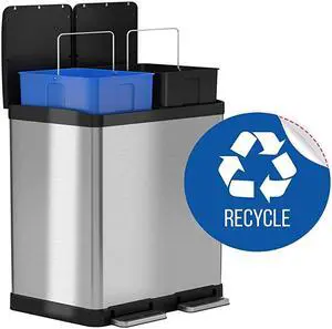 16 Gallon Kitchen Dual Step Trash Can & Recycle Bin, Stainless Steel, includes 2 x 8 Gallon (30L) Removable Inner Buckets, Soft Close Lid and Airtight, for Home, Office, Business