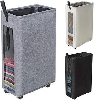 27 inches Slim Laundry Hamper Large Tall Laundry Basket on Wheels Clear Window Visible Dirty Clothes Hamper Thin Clothes Storage Standable Corner Bin Handy 16"×8.6"×27" Dark Grey