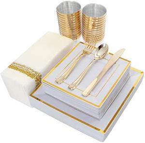 175PCS Plastic Square Plates, Napkins, Gold Disposable Silverware & Cups, 25 Guests Set: 25 Dinner Plates, 25 Salad Plates, 25 Forks, 25 Knives, 25 Spoons, 25 Tumblers, 25 Guest Towels
