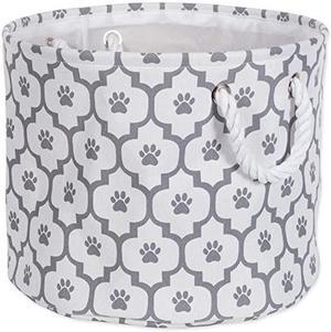 Paw Print Collapsible Polyester Pet Storage Bin, Round Medium - 15 x 15 x 12", Lattice Gray