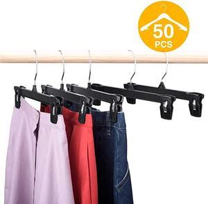 Skirt Hangers 50 Pcs 10inch Black Plastic Pants Hangers with Non-Slip Big Clips and 360 Swivel Hook, Durable Sturdy Plastic, Space-Saving Shape, Elegant for Closet Organizing