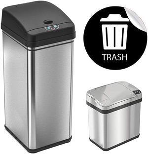 13 Gallon and 2.5 Gallon Automatic Touchless Sensor Kitchen Cans with Odor Control System, Stainless Steel, Includes 1 Waterproof Reusable “TRASH” Vinyl Sticker