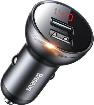 USB Car Charger Baseus 24W Metal Dual Alloy USB Fast Car Adapter Mini Cigarette Lighter with Digital Display Compatible with iPhone 13 Pro Max Mini 12 Pro Max 11 XS XR iPad Samsung S21 20 Note20